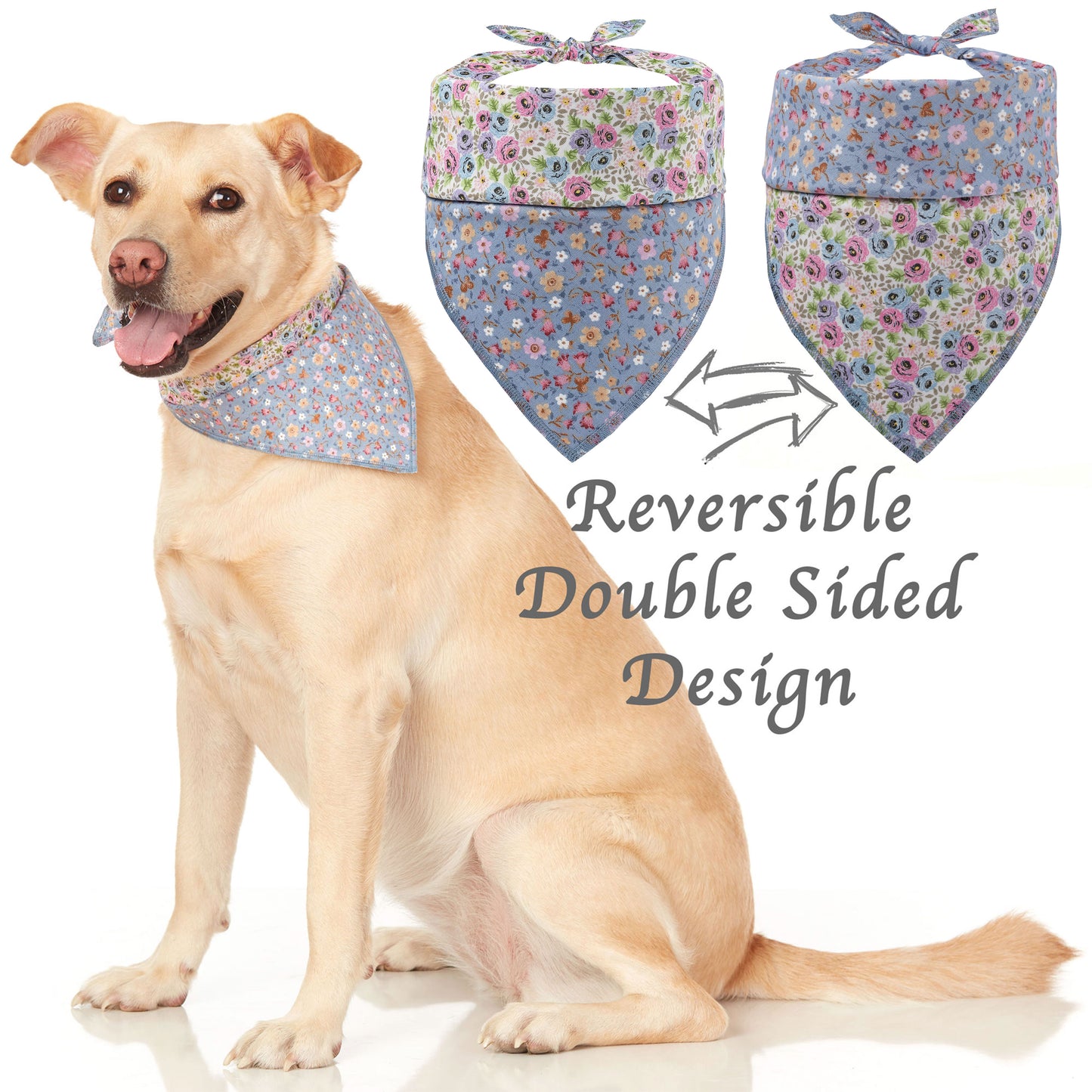 medium sized dog with floral pattern pink and purple reversible dog scarf