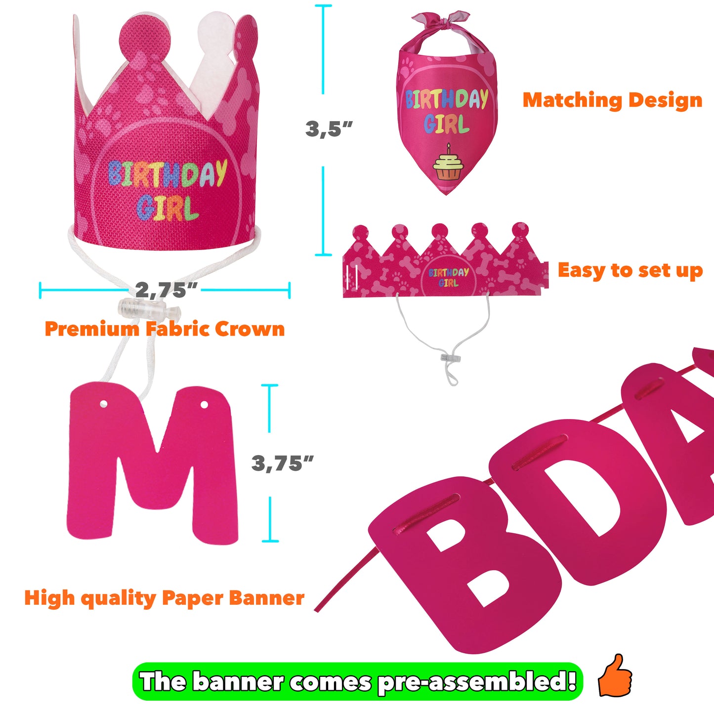 Odi Style Dog Birthday Party Supplies - Girl Dog Birthday Bandana Set