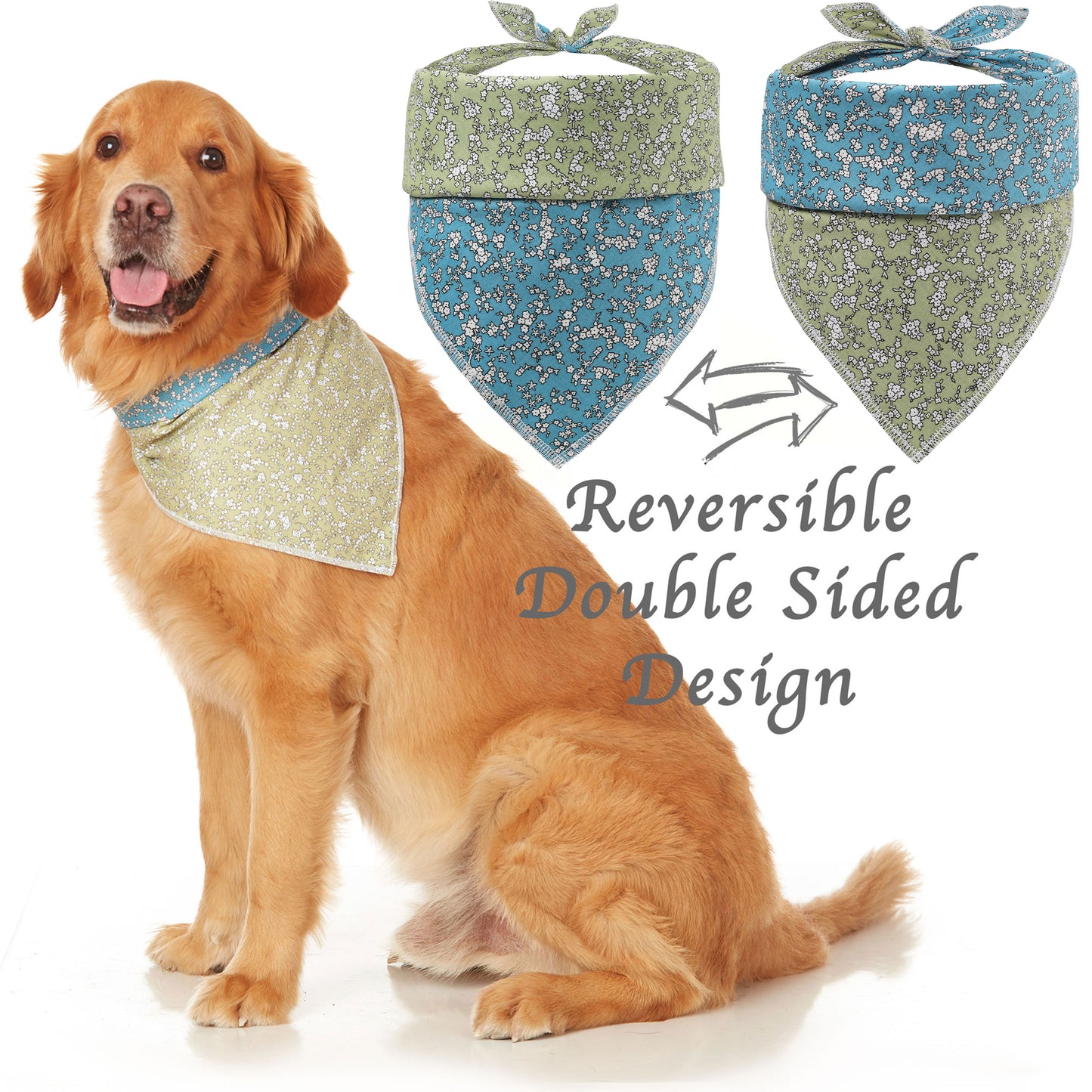 golden retriever dog with floral dog scarf, reversible dog bandana for large dogs